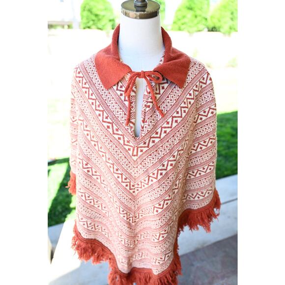 1970's Wool Burnt Orange and Cream Knit Poncho - Picture 5 of 7